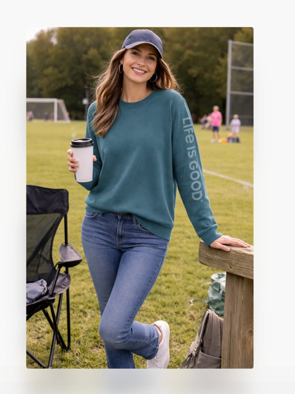 Green Life is Good crewneck sweatshirt featuring embroidered sleeve Large